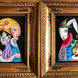 Painting by Maria Kononov from 2020 called "Alice and the Rabbit"
